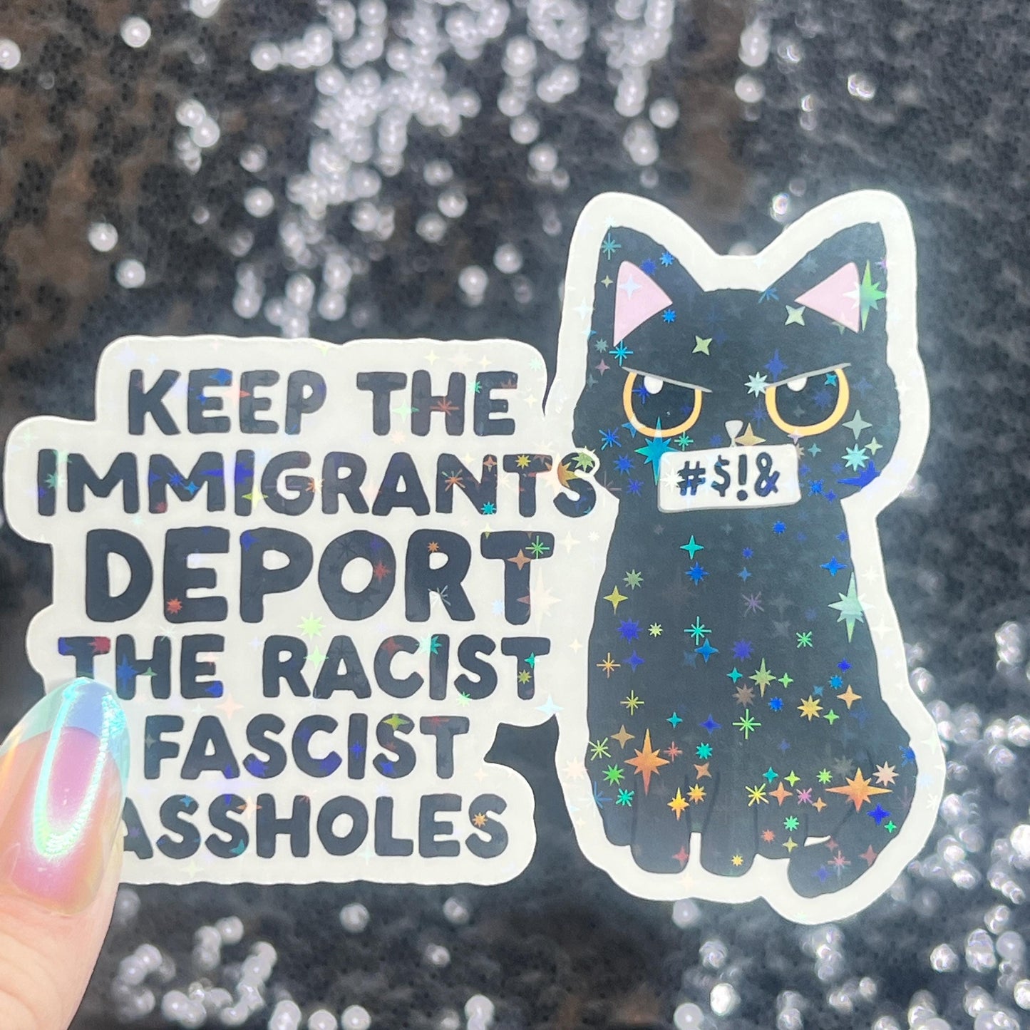 Keep The Immigrants Deport the Racist Facist Aholes Sparkly Cat Holographic Sticker F Trump Decal Democrat Liberal Feminist Sticker