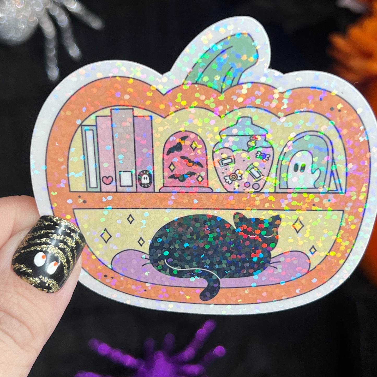 Pumpkin Jack O'Lantern Bookshelf Black Cat Holographic Sticker Halloween Kindle Decal Spooky Fall Reader Gift Bookish Decal