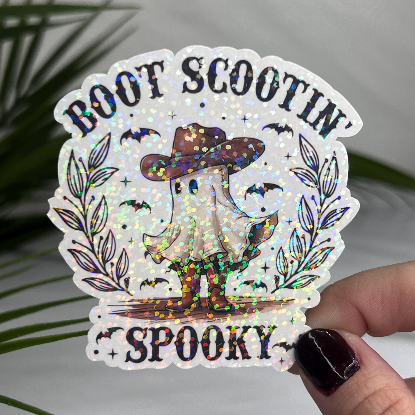 Boot Scootin Spooky Ghost Halloween Sticker | Mental Health Sticker Funny & Sassy Decal Sparkly Work Humor Sticker Spooky Season