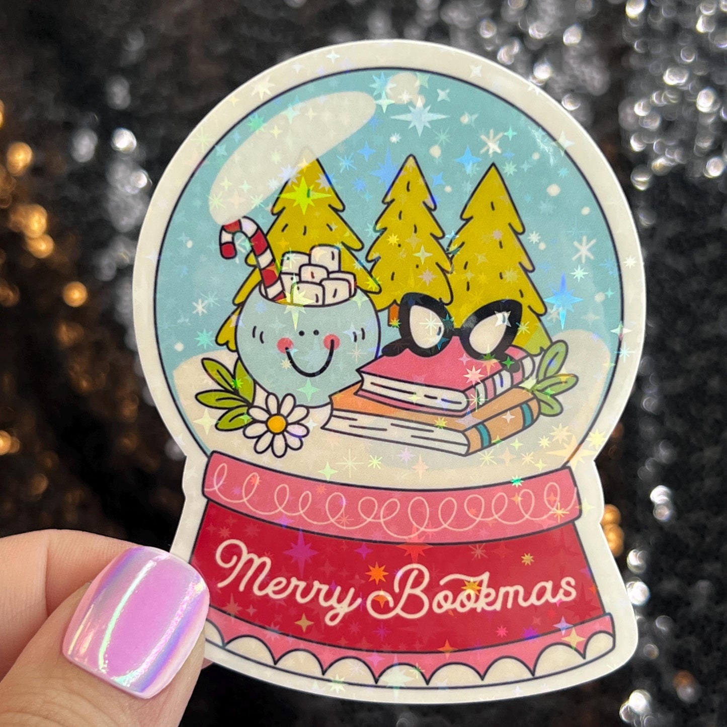 Merry Bookmas Snowglobe Holographic Sticker, Xmas Bookish Kindle Sticker Reader Decal Book Lover Christmas Gift Book Club Stocking Stuffer