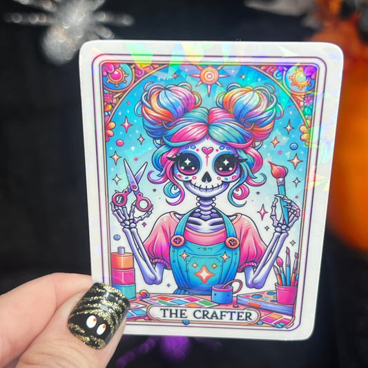 The Crafter Tarot Card Sticker Holographic Crafty Sparkly Decal, Knitting Crochet Cross Stitch Sewing Quilting kindle waterbottle laptop