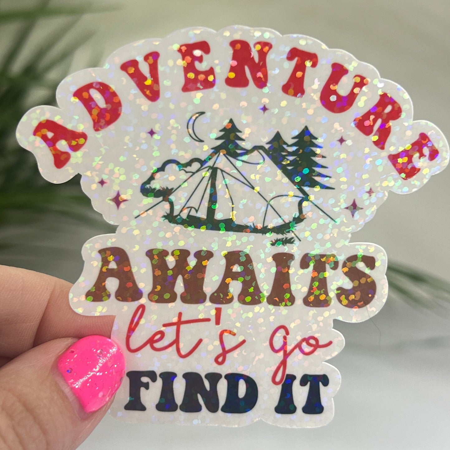 Discontinuing Adventure Awaits Lets Go Find It Camping Holographic Sparkly Sticker Adventure RV Outdoor Decal Nature Sticker Travel Hiking