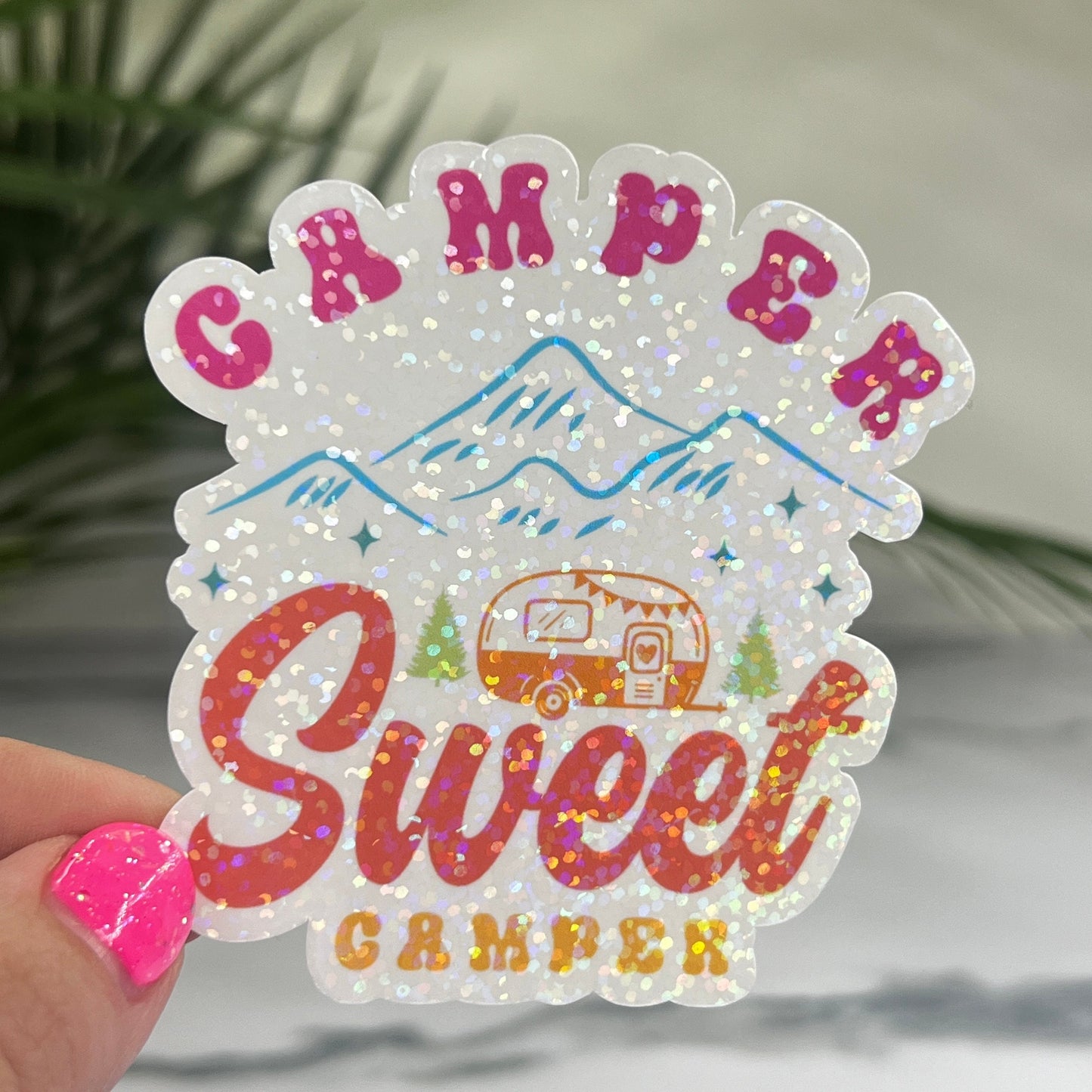 Discontinuing Camper Sweet Camper Camping Holographic Sparkly Sticker Adventure RV Outdoor Decal Nature Sticker Travel Hiking Backpacking