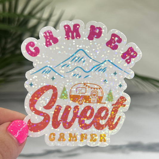 Discontinuing Camper Sweet Camper Camping Holographic Sparkly Sticker Adventure RV Outdoor Decal Nature Sticker Travel Hiking Backpacking