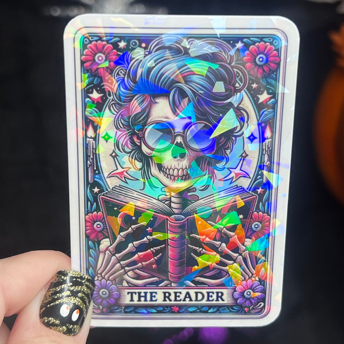 The Reader Tarot Card Sticker Holographic Book Lover Sparkly Decal, Spicy Dark Romance, kindle waterbottle laptop