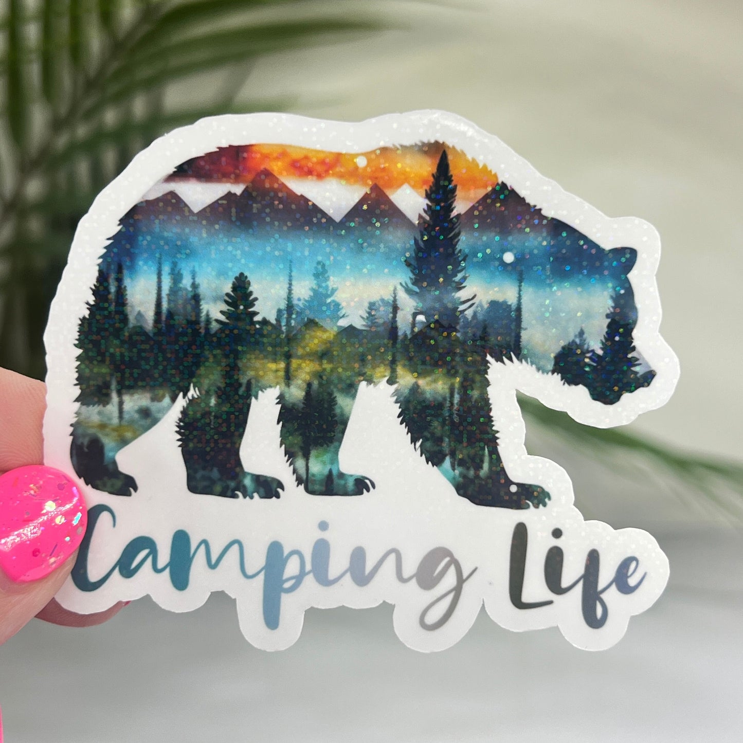 Camping Life Bear Mountain Watercolor Sparkly Sticker Adventure Sticker RV Sticker Outdoor Decal Nature Sticker Travel Hiking Camping