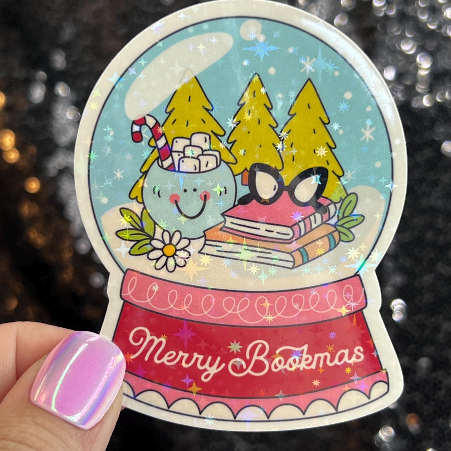 Merry Bookmas Snowglobe Holographic Sticker, Xmas Bookish Kindle Sticker Reader Decal Book Lover Christmas Gift Book Club Stocking Stuffer