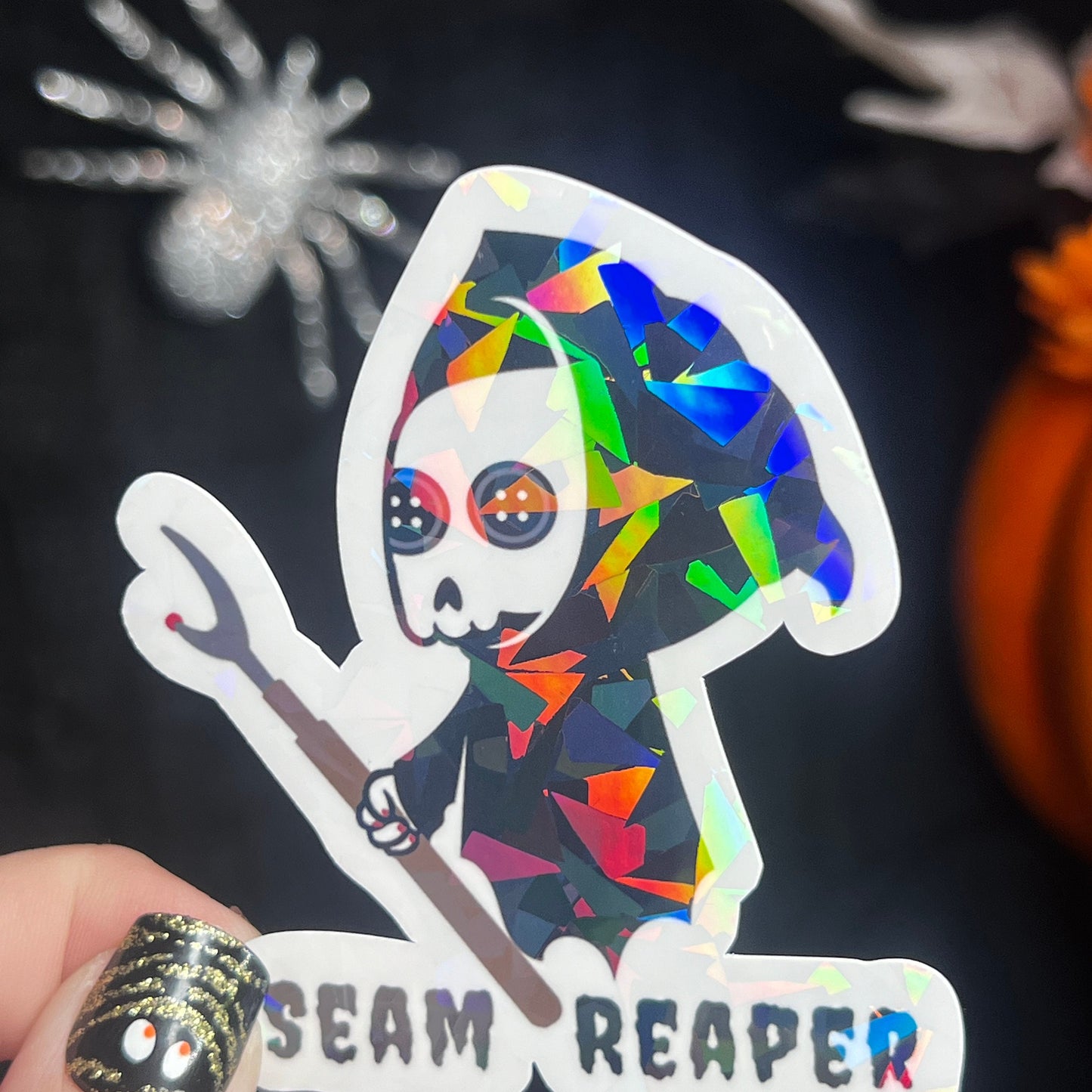 Seam Ripper Reaper holographic sticker thimble quilting sticker quilter Halloween decal sewing machine sticker sparkly cross stitch sticker