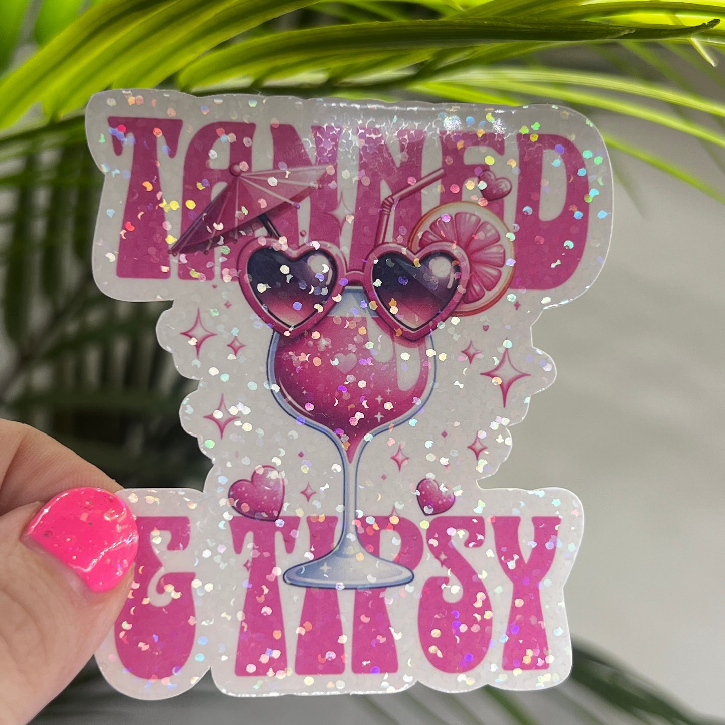 Tanned and Tipsy Pink Retro Holographic Sparkly Sticker Beach Life Decal Boating Sticker Summer Vacation Ocean Life Sticker Family Cruise