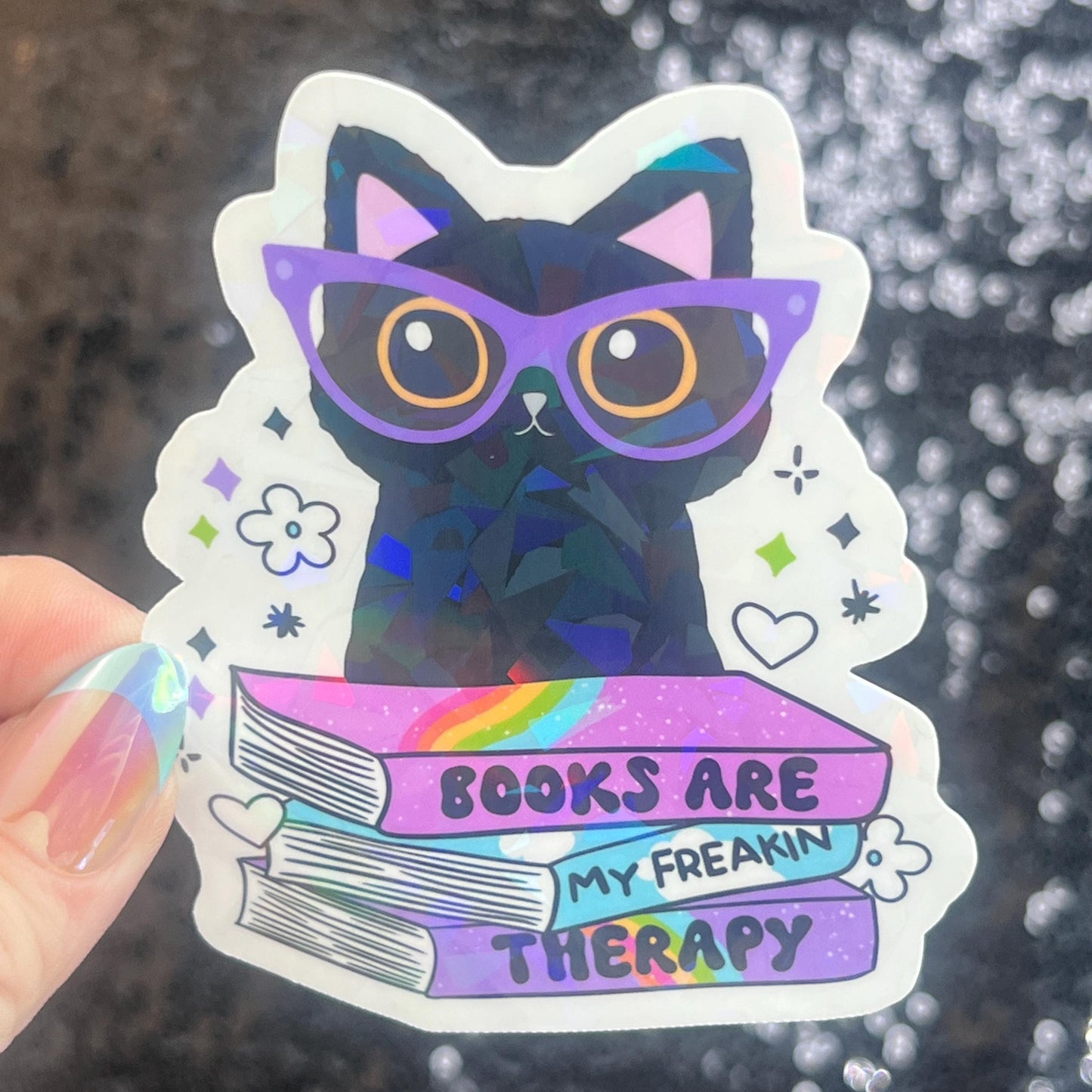 Books are My Therapy Holographic Sticker Book Lover Sparkly Decal, Spicy Bookclub, kindle waterbottle laptop Reader Librarian Gift