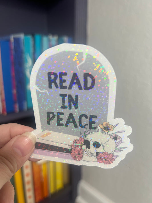 Read In Peace Holographic Sticker, Halloween Booktok Decal, Kindle Decor, Reader Waterbottle sticker, sparkly book tbr decal, Bookish