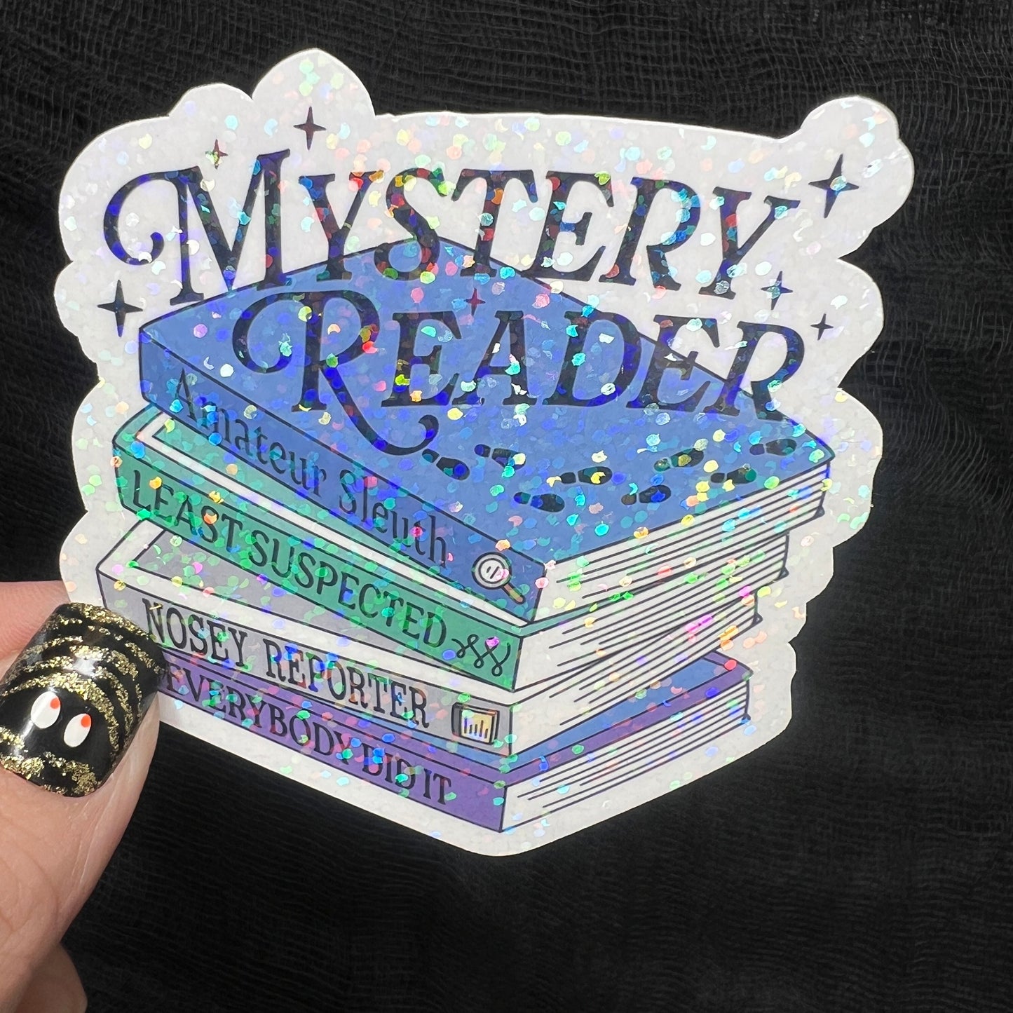 Mystery Reader Book Club Holographic Sticker Decal, Cozy Mystery Reads Bookish kindle waterbottle laptop Reader Bookish Present Gift