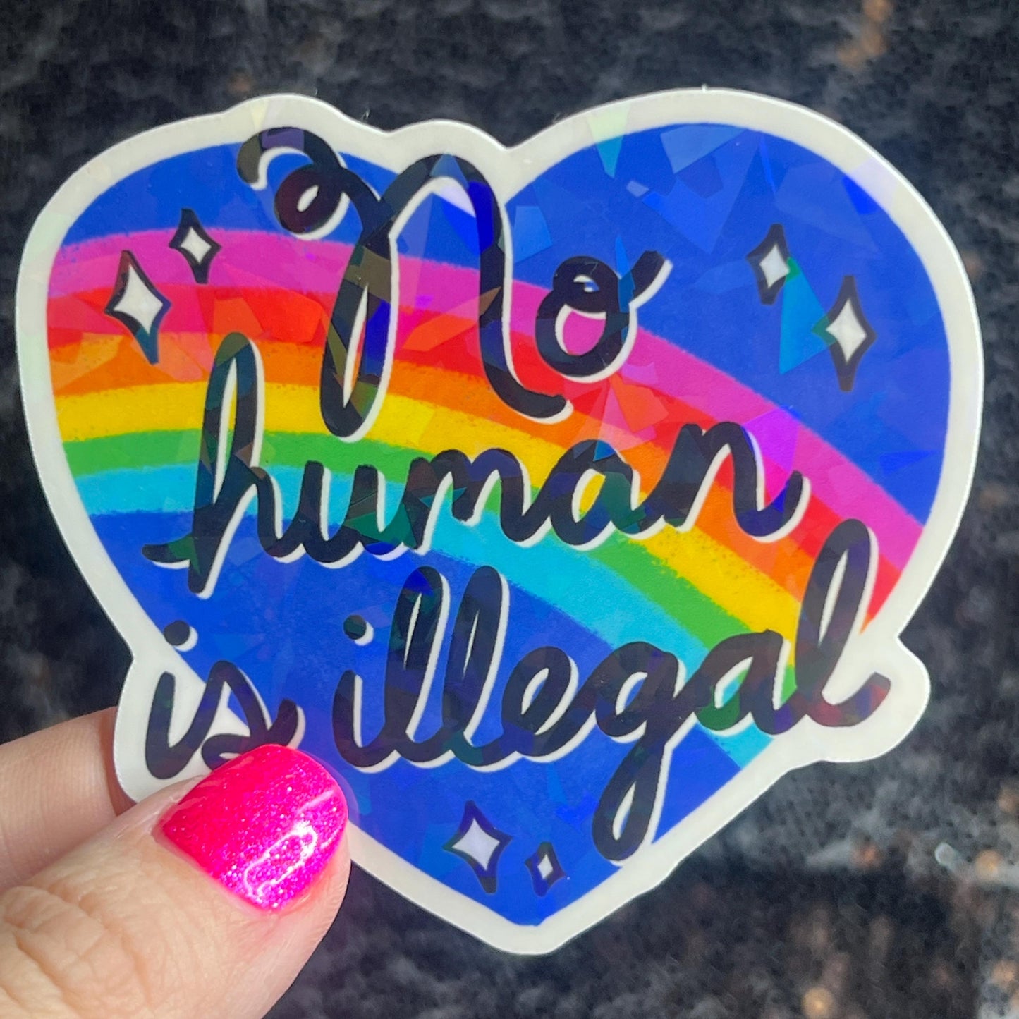 No Human Is Illegal Holographic Sticker Hands Offf Protest Anti Trump JD Vance Pro Choice Feminist Sticker Liberal Democrat Decal Minimalist