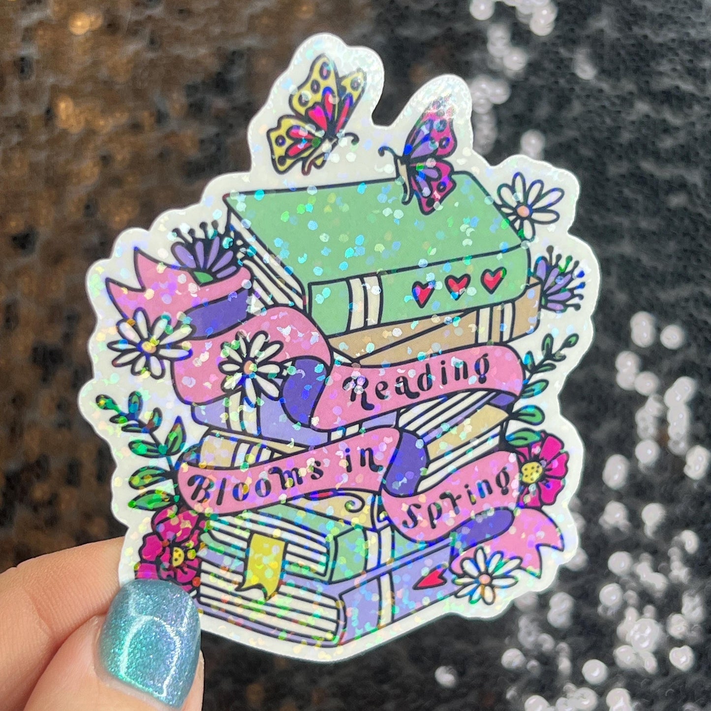 Reading Blooms in Spring floral sparkly  holographic sticker Decal for Readers bookish sticker gift for readers kindle laptop decal