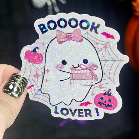 Pink Booook Lover Ghost Halloween Holographic Sticker Halloween Kindle Decal Spooky Fall Reader Gift Bookish Decal
