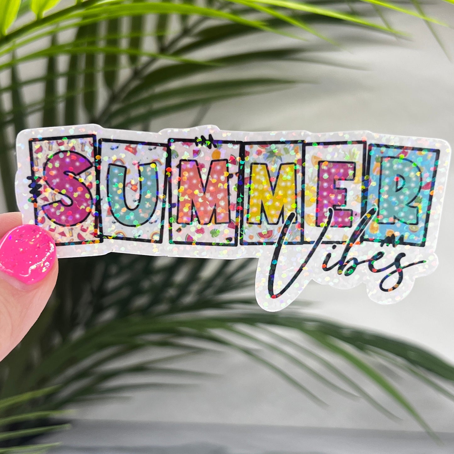 Summer Vibes Rainbow Holographic Sparkly Sticker Beach Life Decal Boating Sticker Summer Vacation Ocean Life Sticker