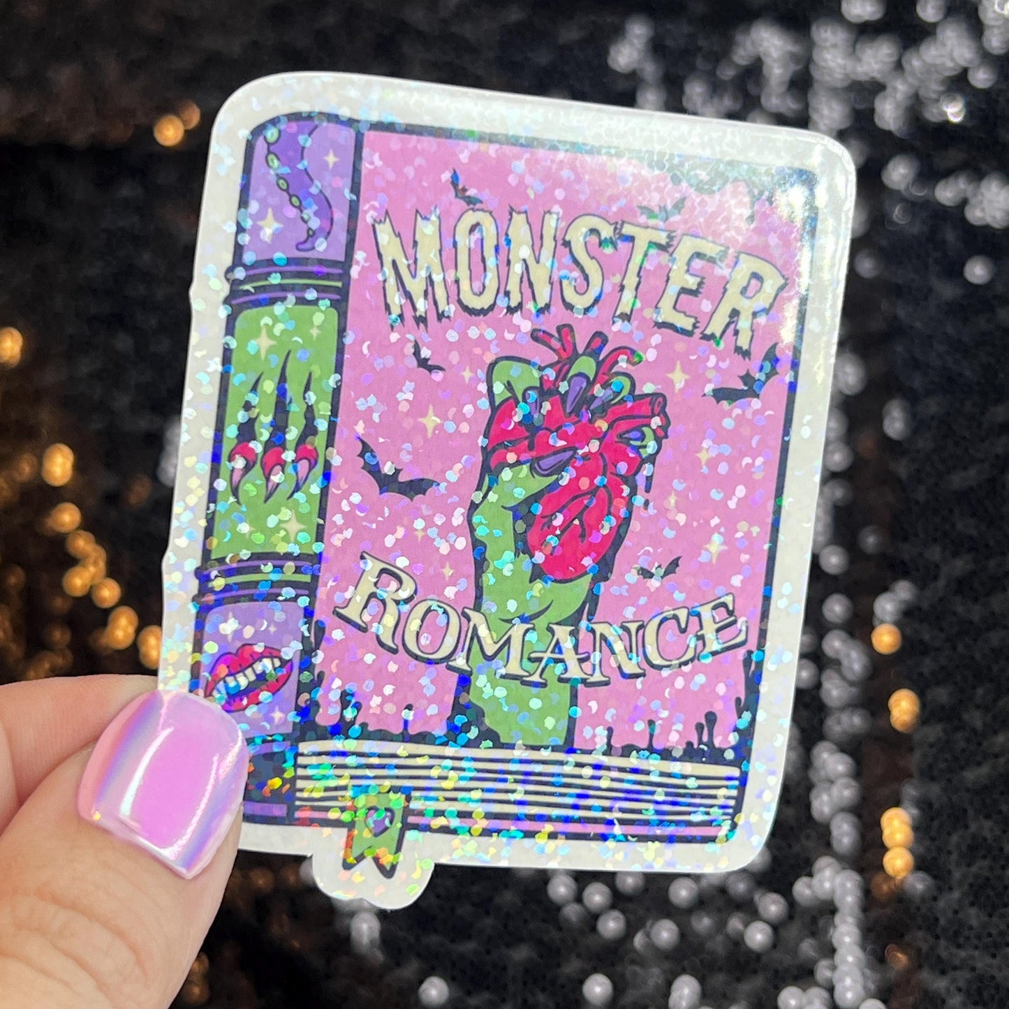 Monster Romance Sparkly Sticker Holographic Book Book Lover, Spicy Dark Romance, Booktok, kindle waterbottle laptop Romance Decal