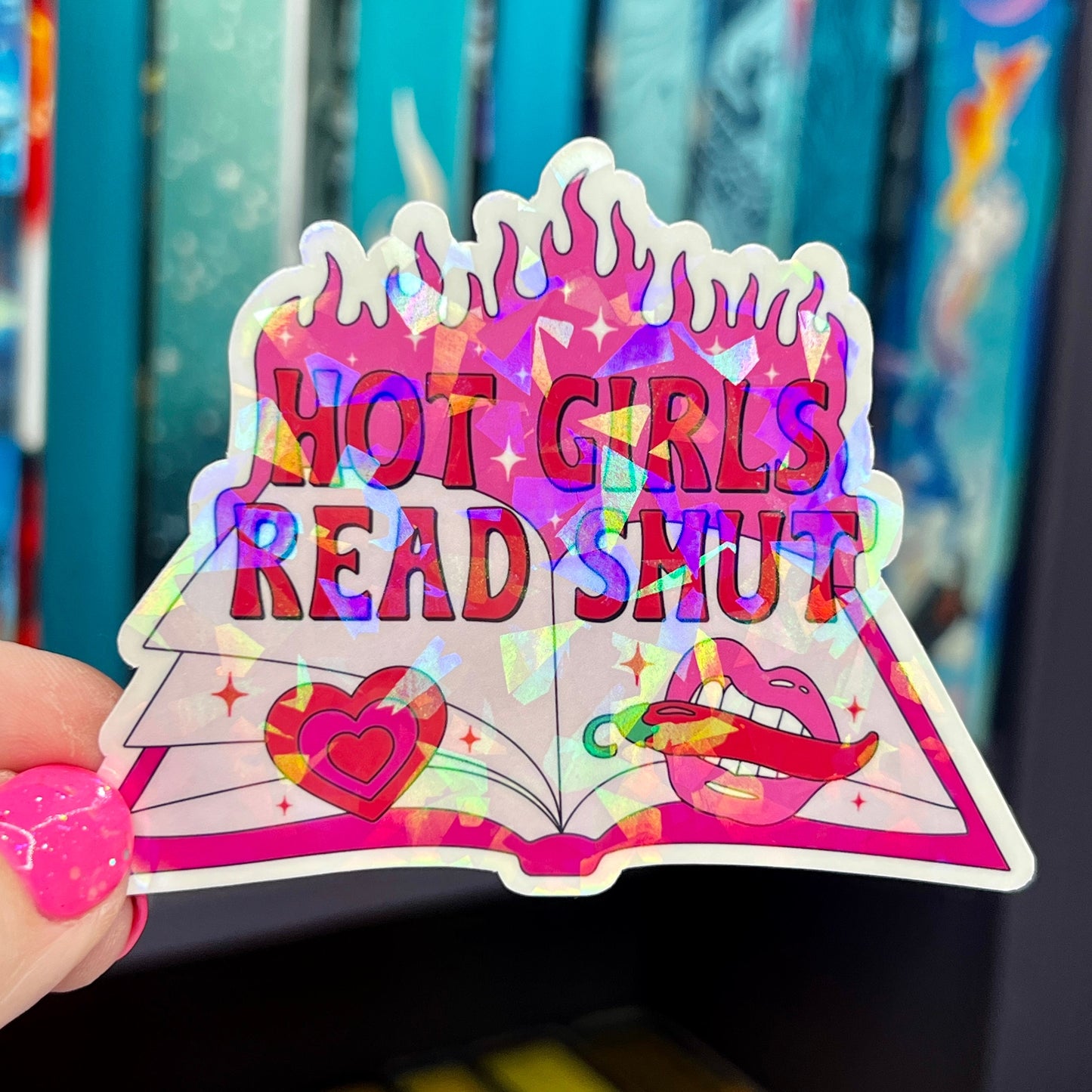 Hot Girls Read Smut Hot Pink Sticker Holographic Book Lover Sparkly Decal, Spicy Dark Romance Bookish, kindle waterbottle