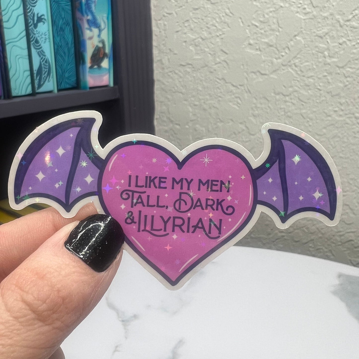 ACOTAR Inspired Sticker - 'I Like My Men Tall, Dark & Illyrian' in Pink Heart with Purple Wings, Holographic Fantasy Decal Kindle Sticker