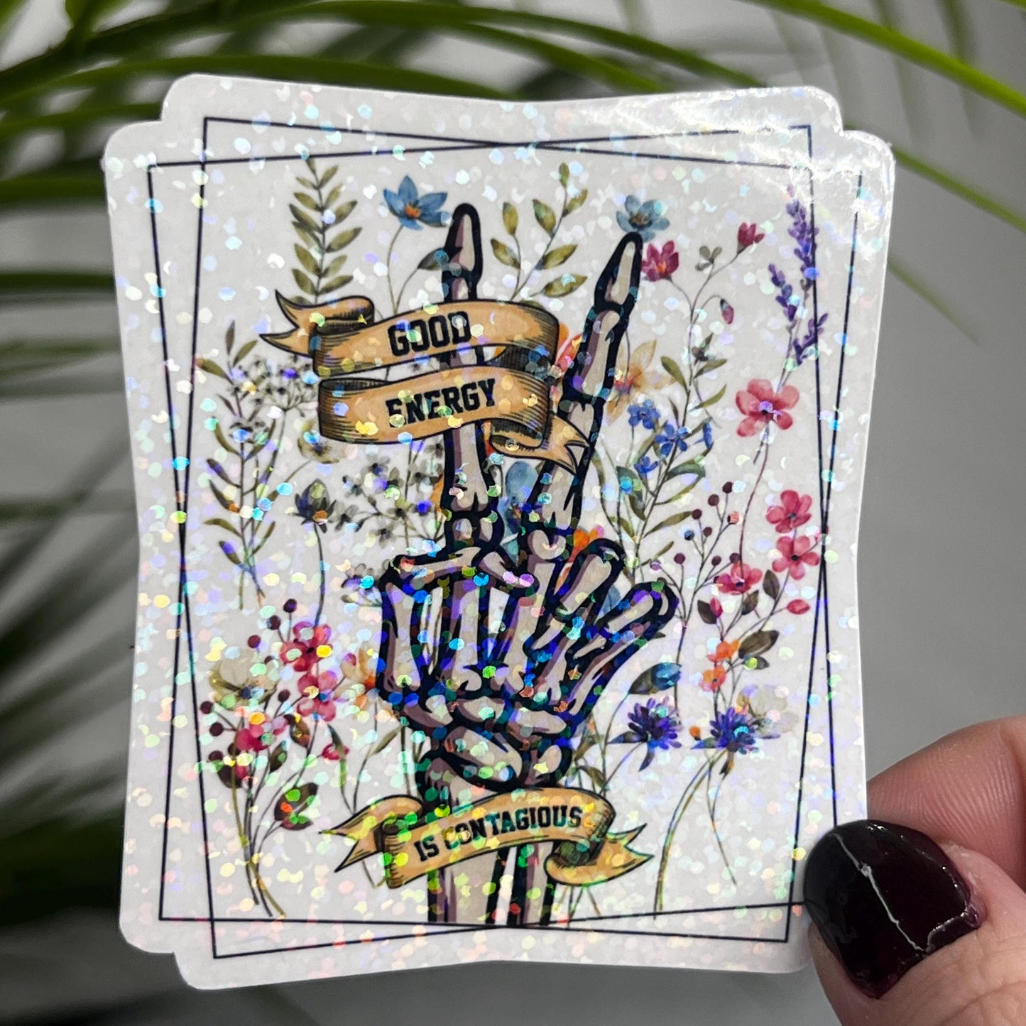 Good Energy is Contagious Holographic Sticker 3 Inch Self-Love Affirmation with Makeup Compact Design for Mental Health Awareness