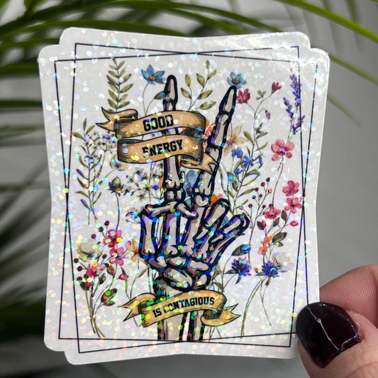 Good Energy is Contagious Holographic Sticker 3 Inch Self-Love Affirmation with Makeup Compact Design for Mental Health Awareness