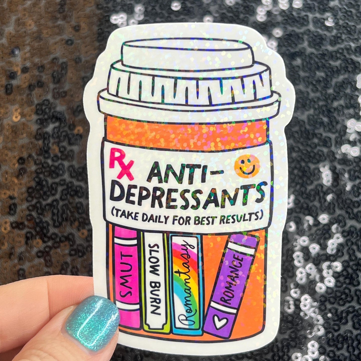 Reading Antidepressant Sparkly Sticker Holographic Book Book Lover, Spicy Dark Romance, Booktok, kindle waterbottle laptop Romance Decal