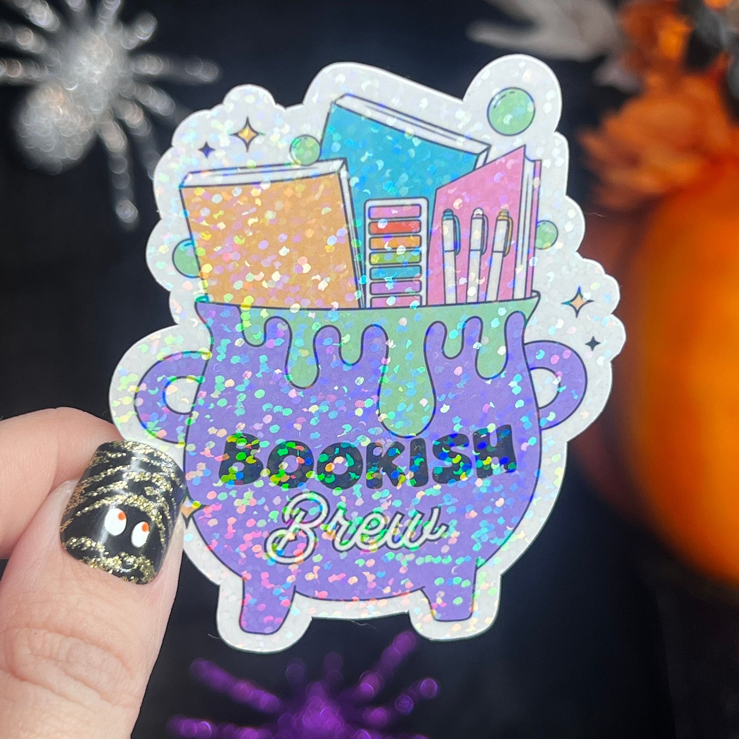 Purple Bookish Cauldron Halloween Bookshelf Holographic Sticker Halloween Kindle Decal Spooky Fall Reader Gift Bookish Decal