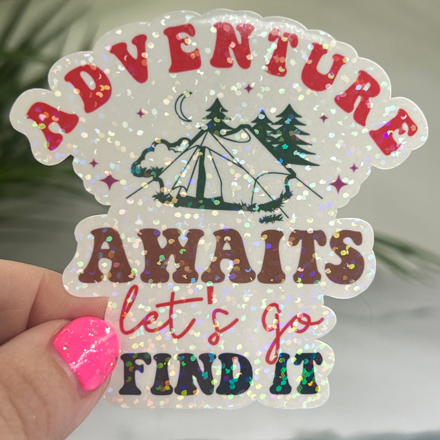 Discontinuing Adventure Awaits Lets Go Find It Camping Holographic Sparkly Sticker Adventure RV Outdoor Decal Nature Sticker Travel Hiking