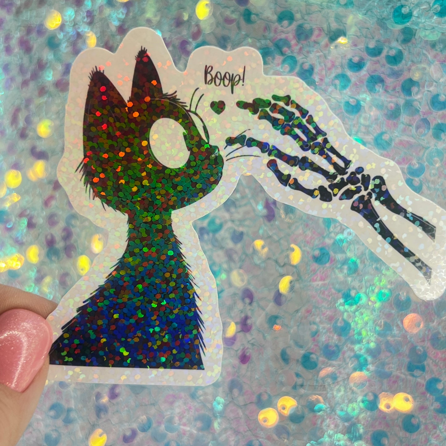 Boop Cat Skeleton Holographic Sticker