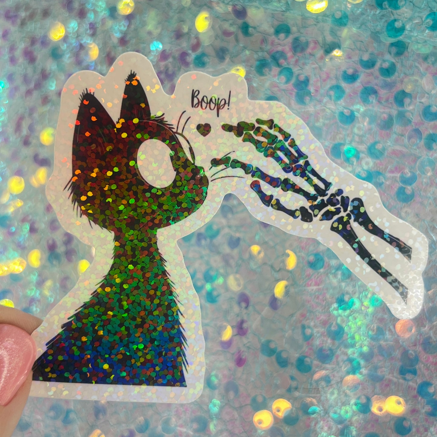 Boop Cat Skeleton Holographic Sticker