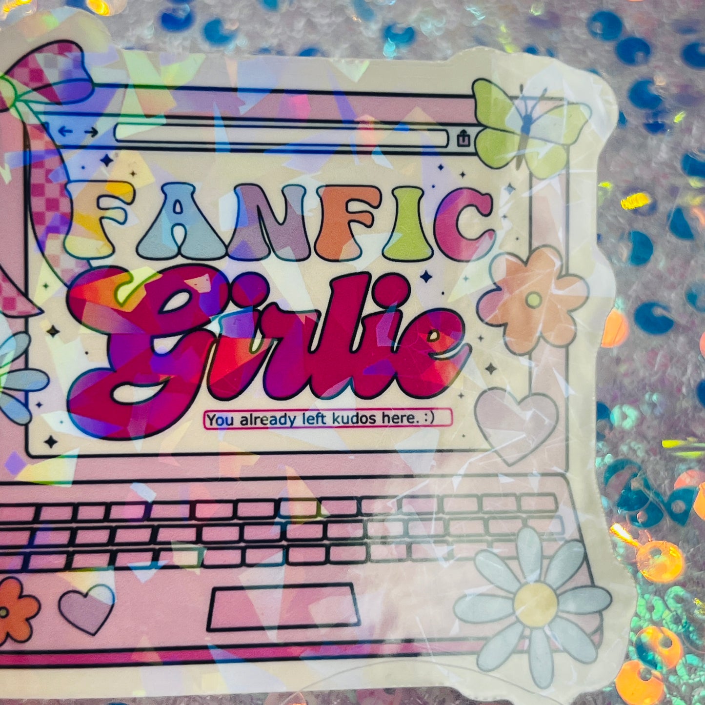 Fanfic Girlie Holographic Bookish Laptop Sticker