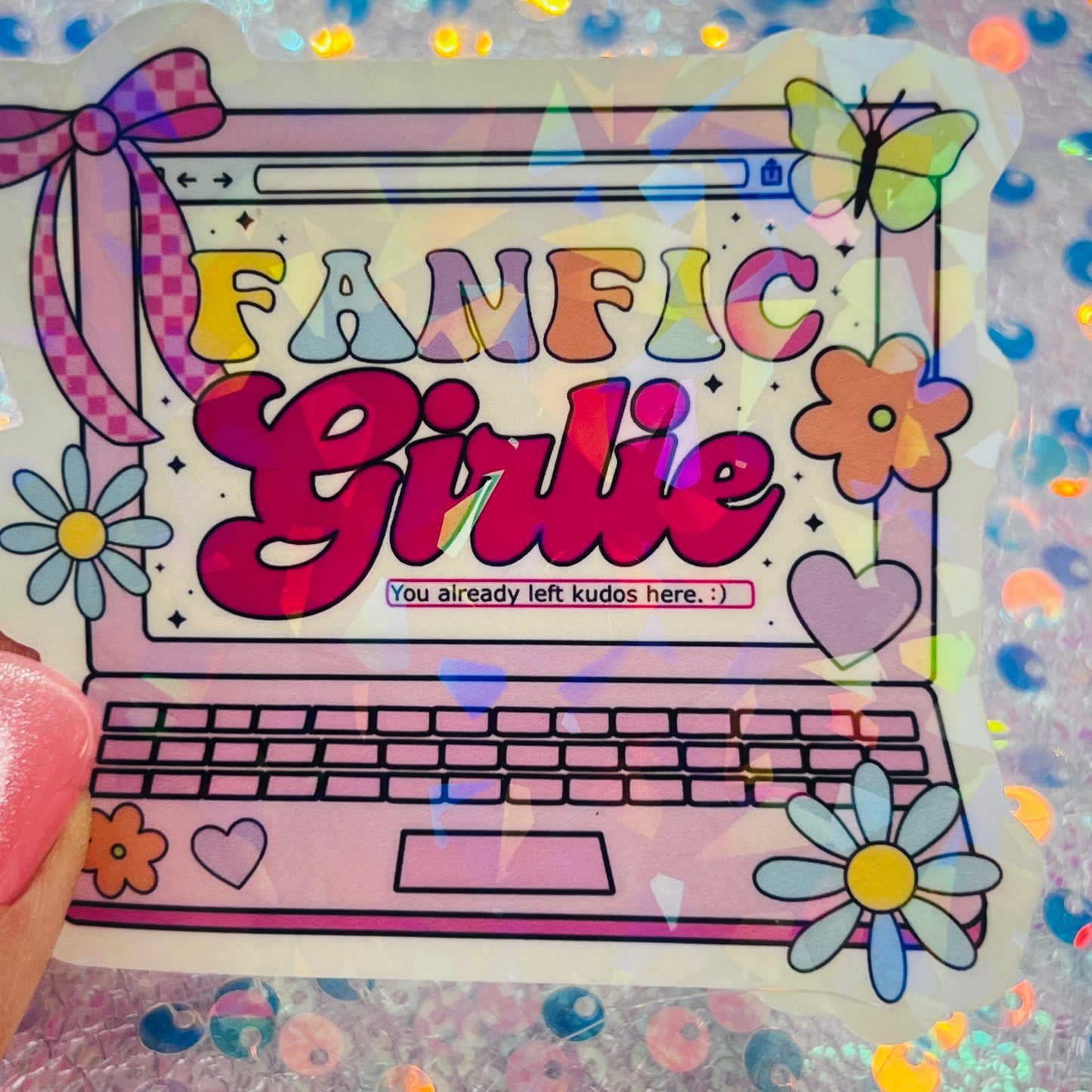 Fanfic Girlie Holographic Bookish Laptop Sticker
