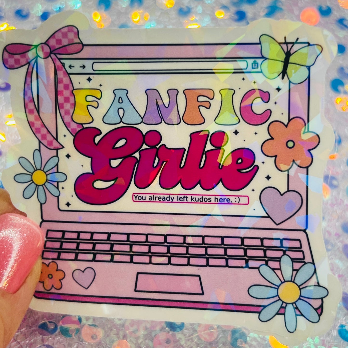 Fanfic Girlie Holographic Bookish Laptop Sticker