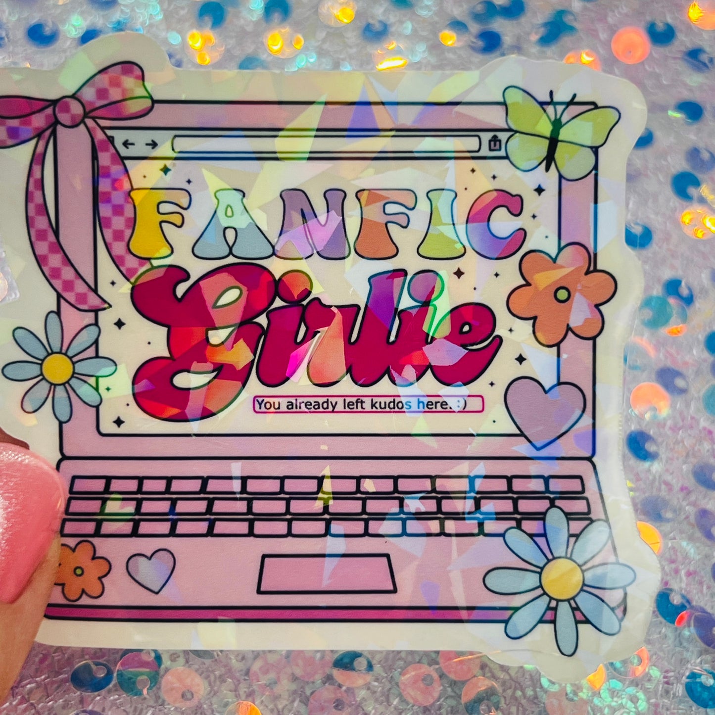 Fanfic Girlie Holographic Bookish Laptop Sticker