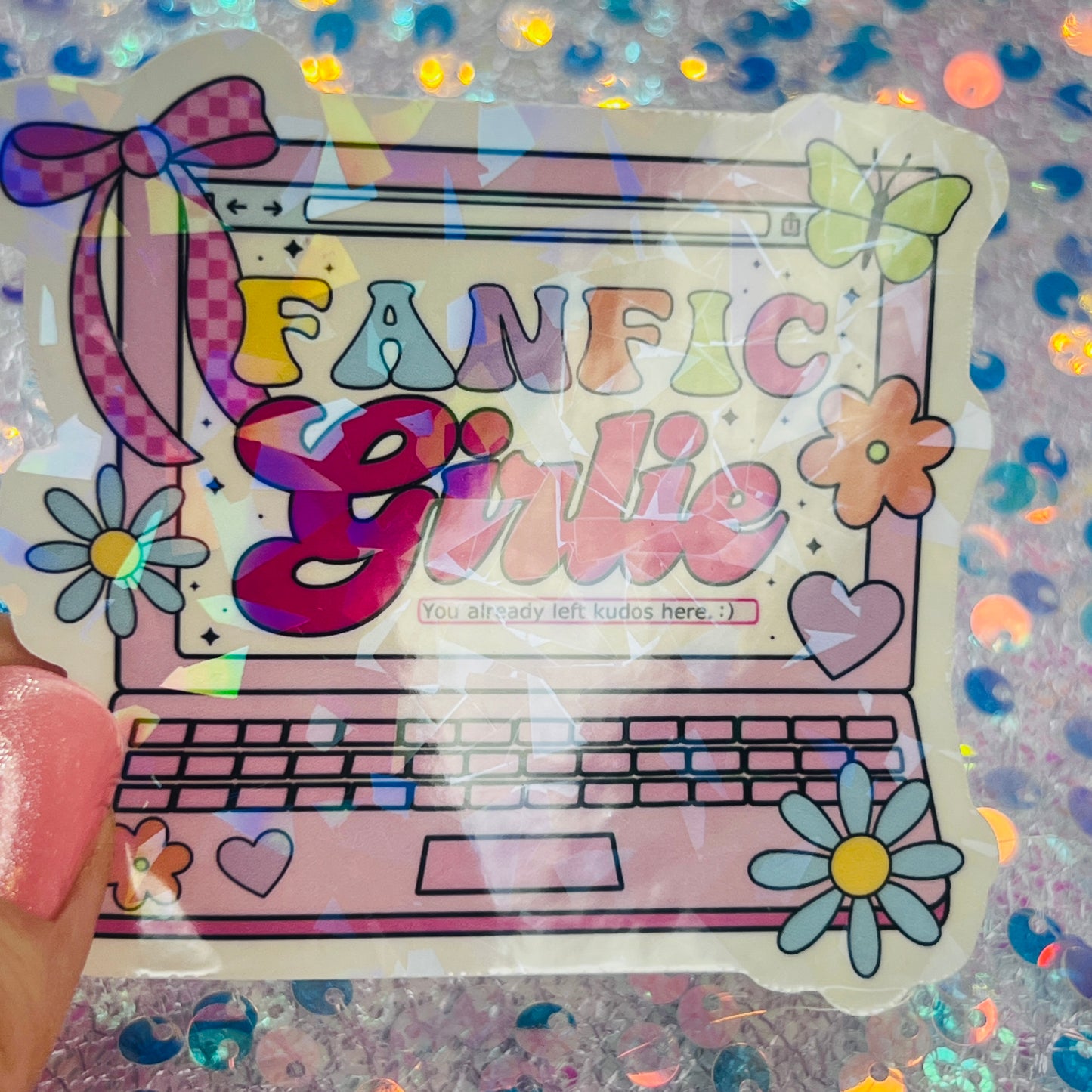 Fanfic Girlie Holographic Bookish Laptop Sticker