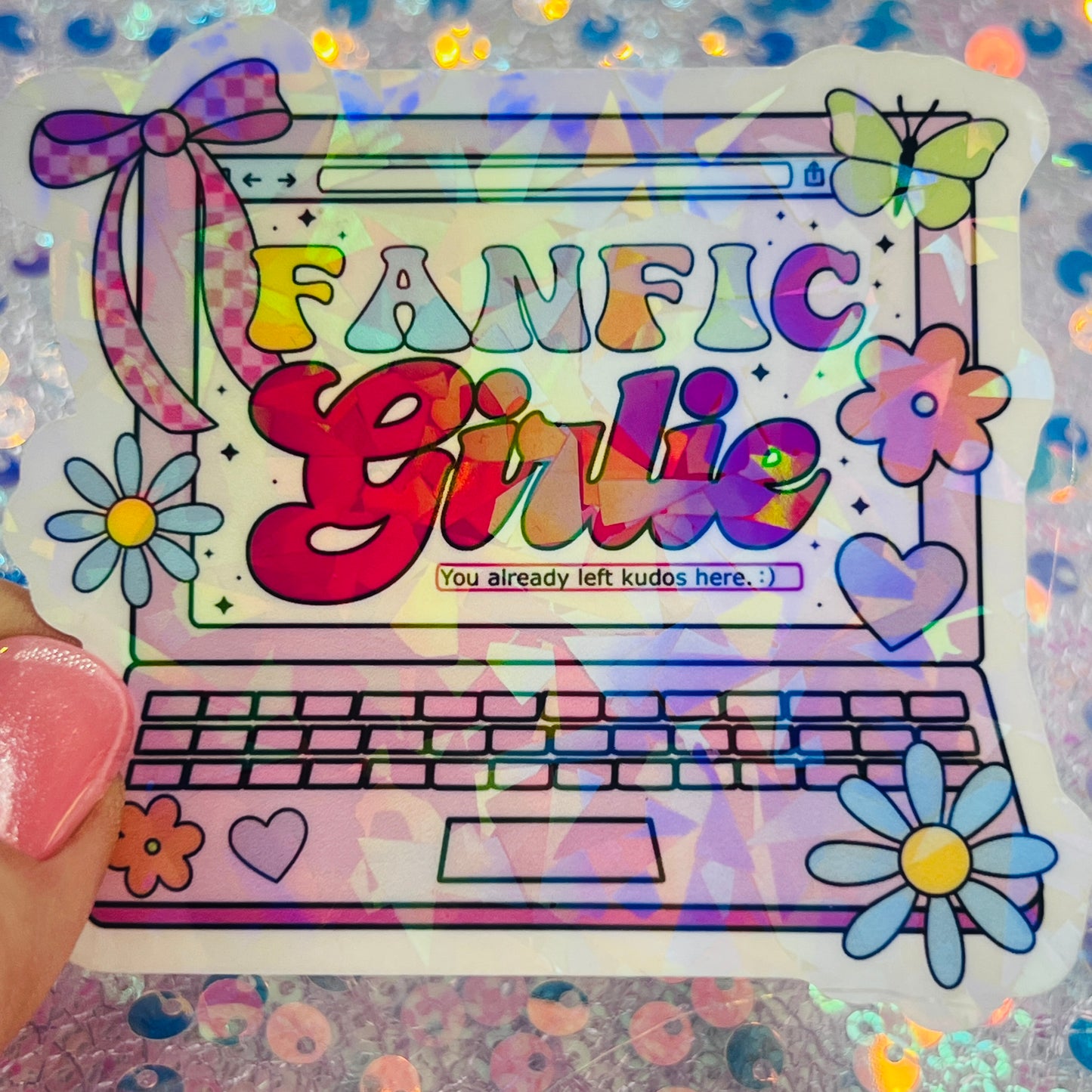Fanfic Girlie Holographic Bookish Laptop Sticker