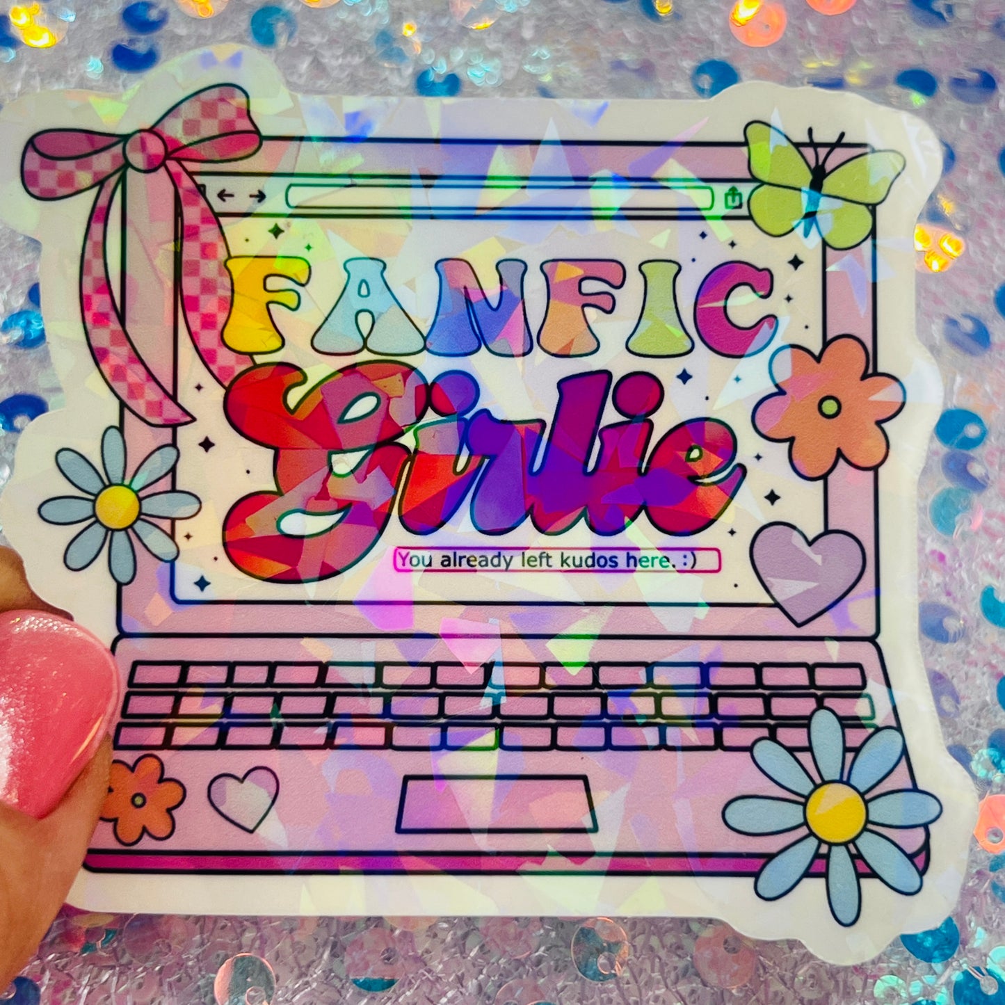 Fanfic Girlie Holographic Bookish Laptop Sticker