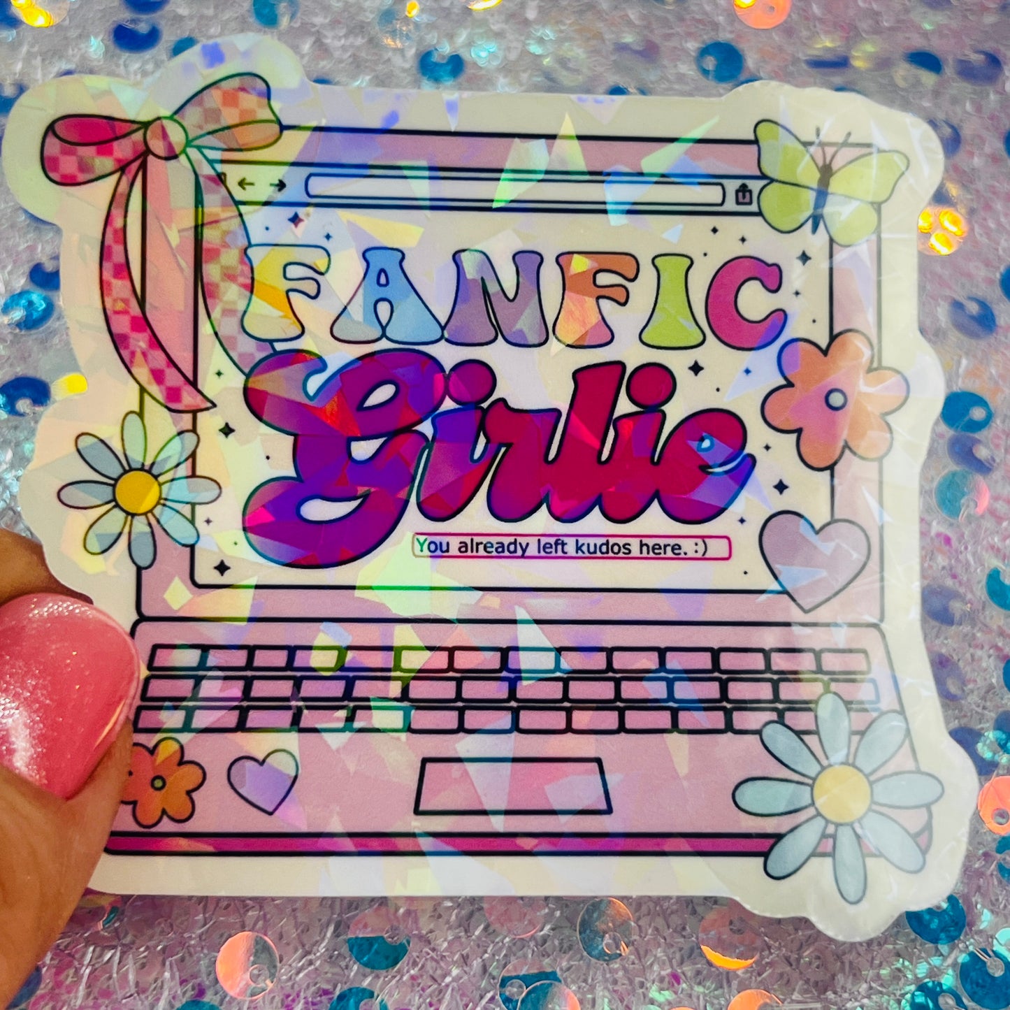 Fanfic Girlie Holographic Bookish Laptop Sticker