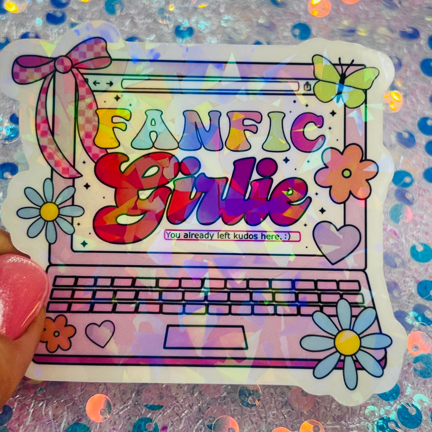 Fanfic Girlie Holographic Bookish Laptop Sticker