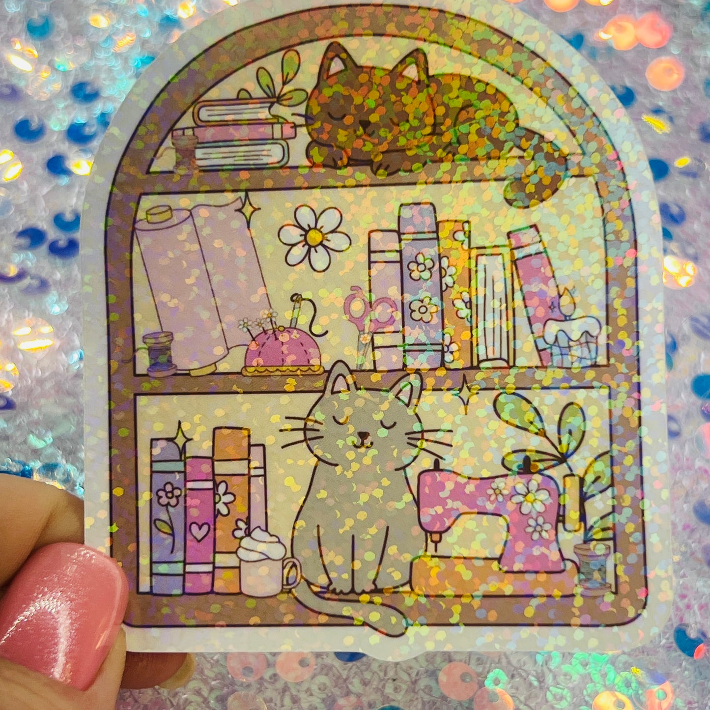 Cozy Craft Cat Holographic Bookish Sticker