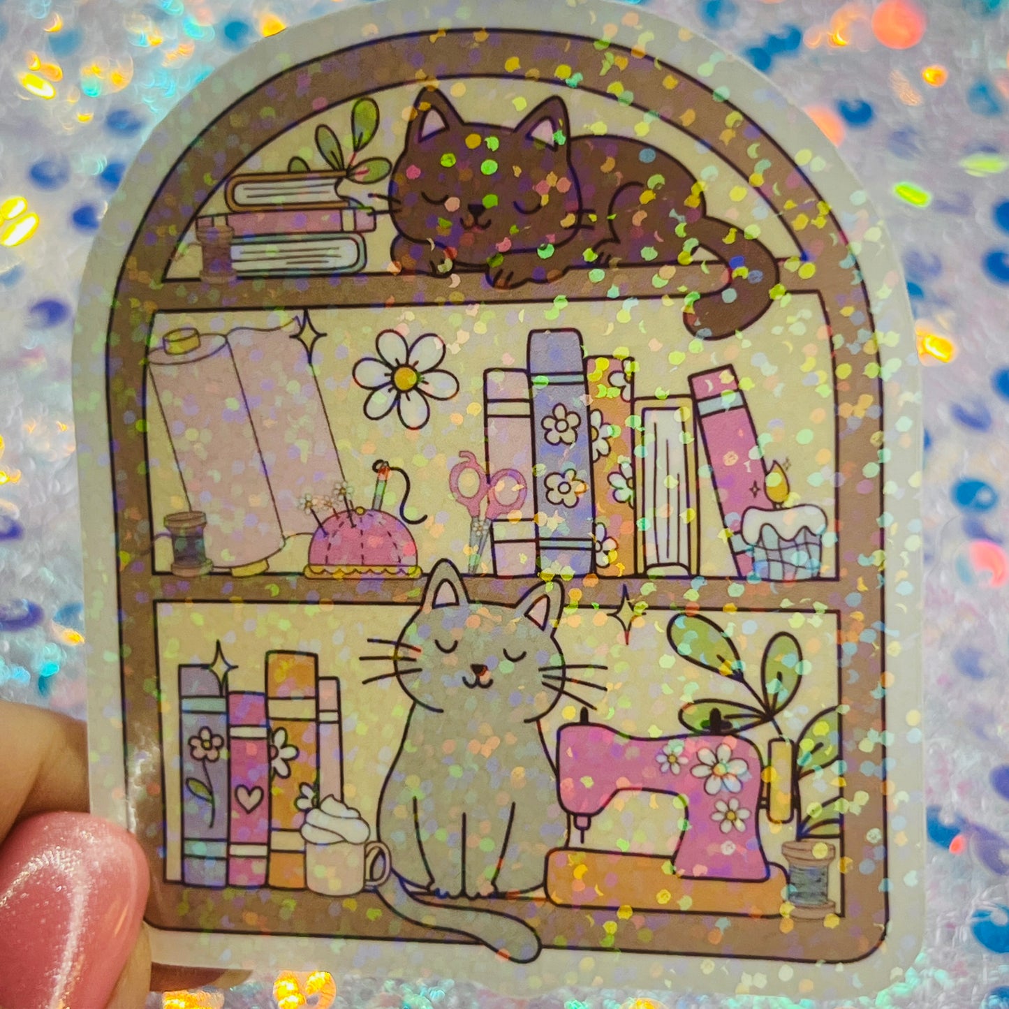 Cozy Craft Cat Holographic Bookish Sticker