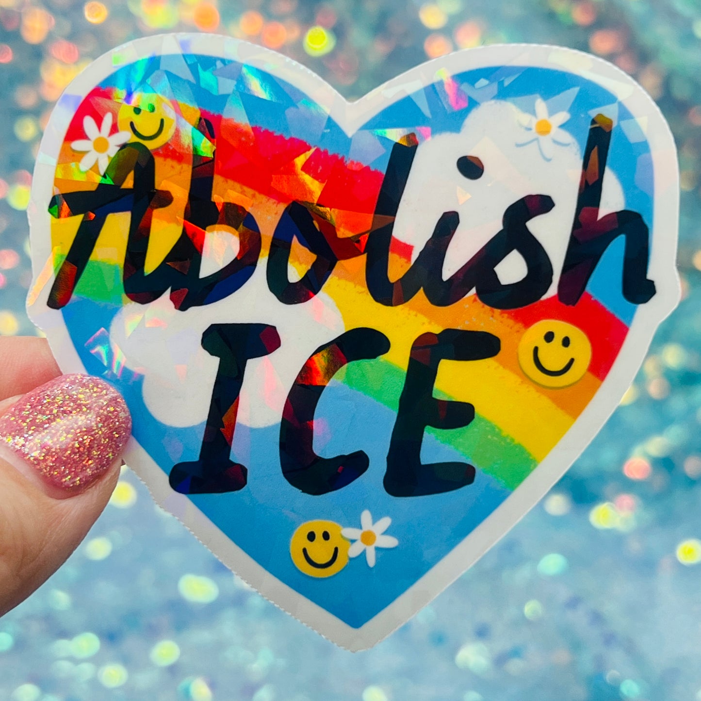 Abolish ICE Rainbow Heart Holographic Activist Sticker