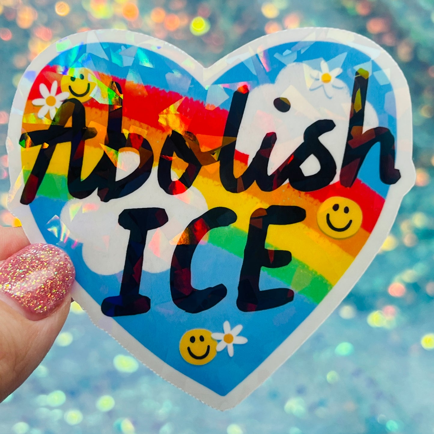 Abolish ICE Rainbow Heart Holographic Activist Sticker