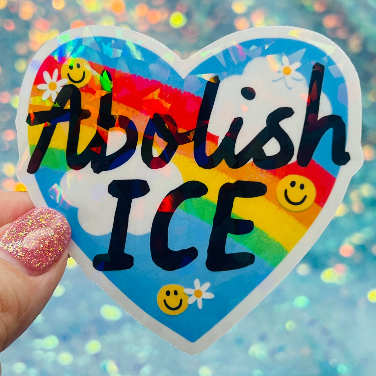 Abolish ICE Rainbow Heart Holographic Activist Sticker
