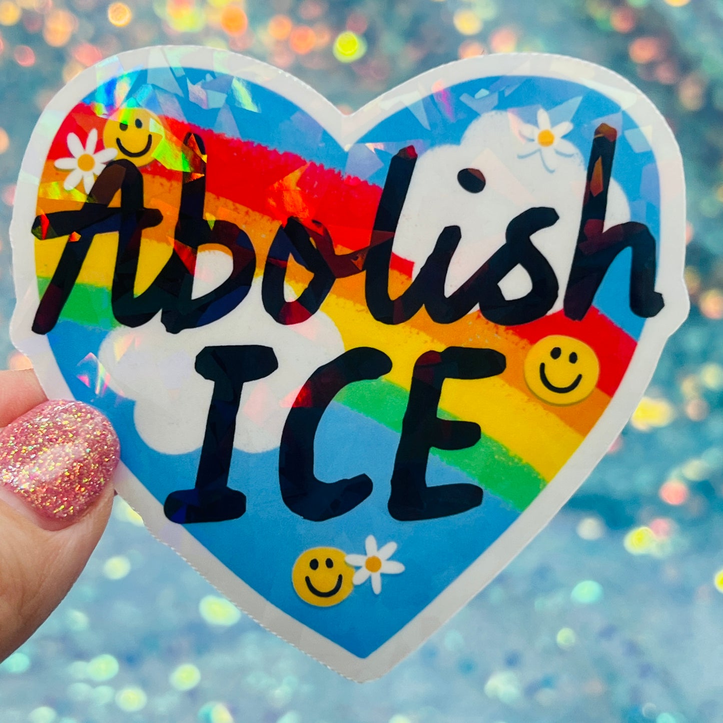 Abolish ICE Rainbow Heart Holographic Activist Sticker