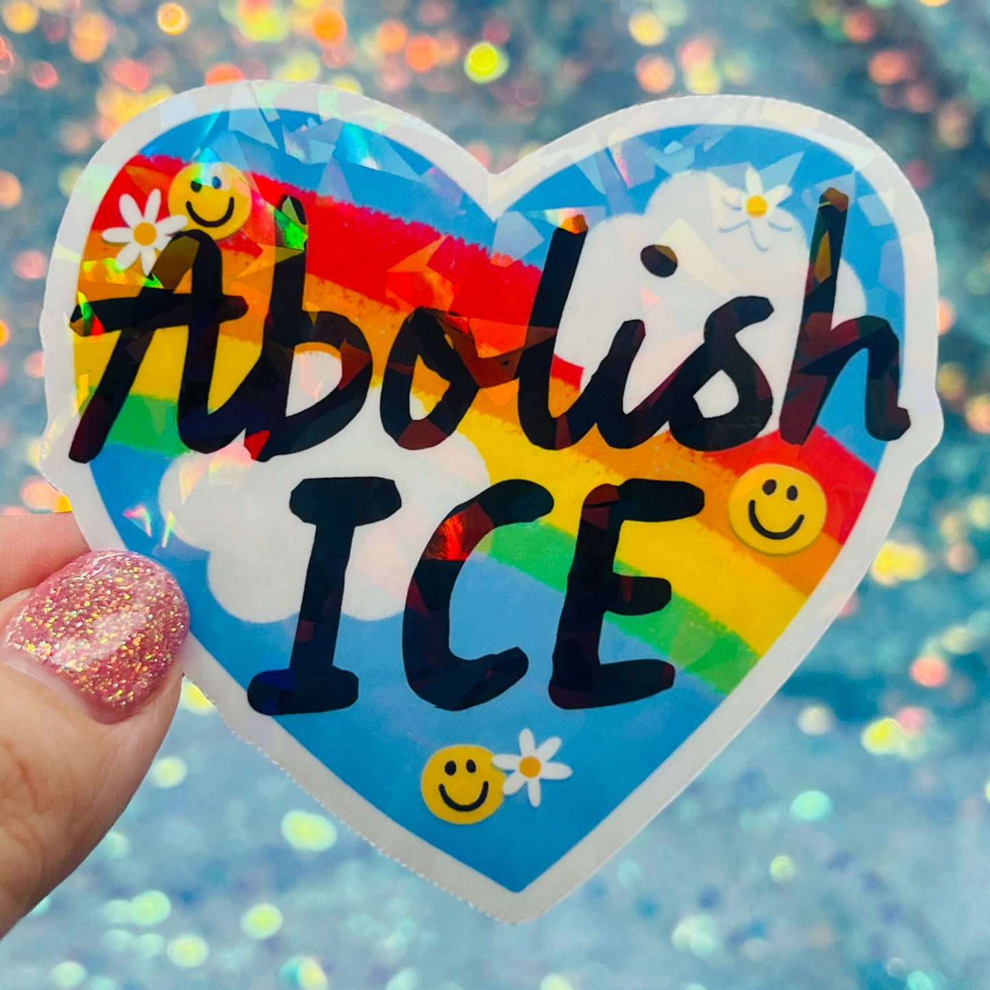 Abolish ICE Rainbow Heart Holographic Activist Sticker