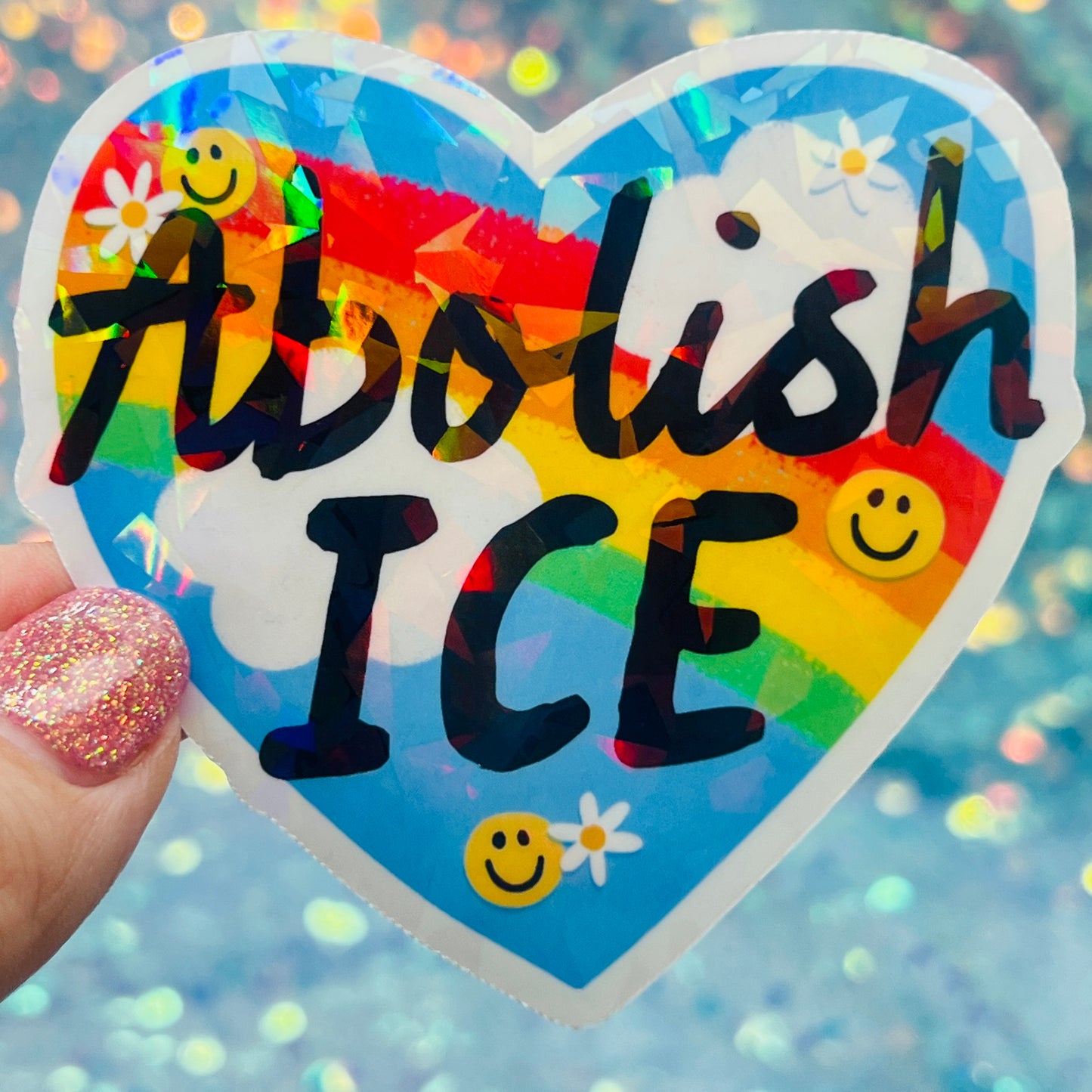 Abolish ICE Rainbow Heart Holographic Activist Sticker