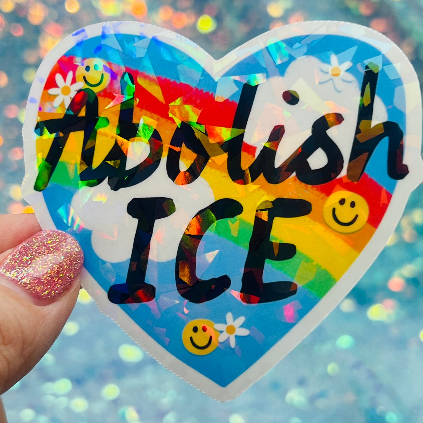 Abolish ICE Rainbow Heart Holographic Activist Sticker