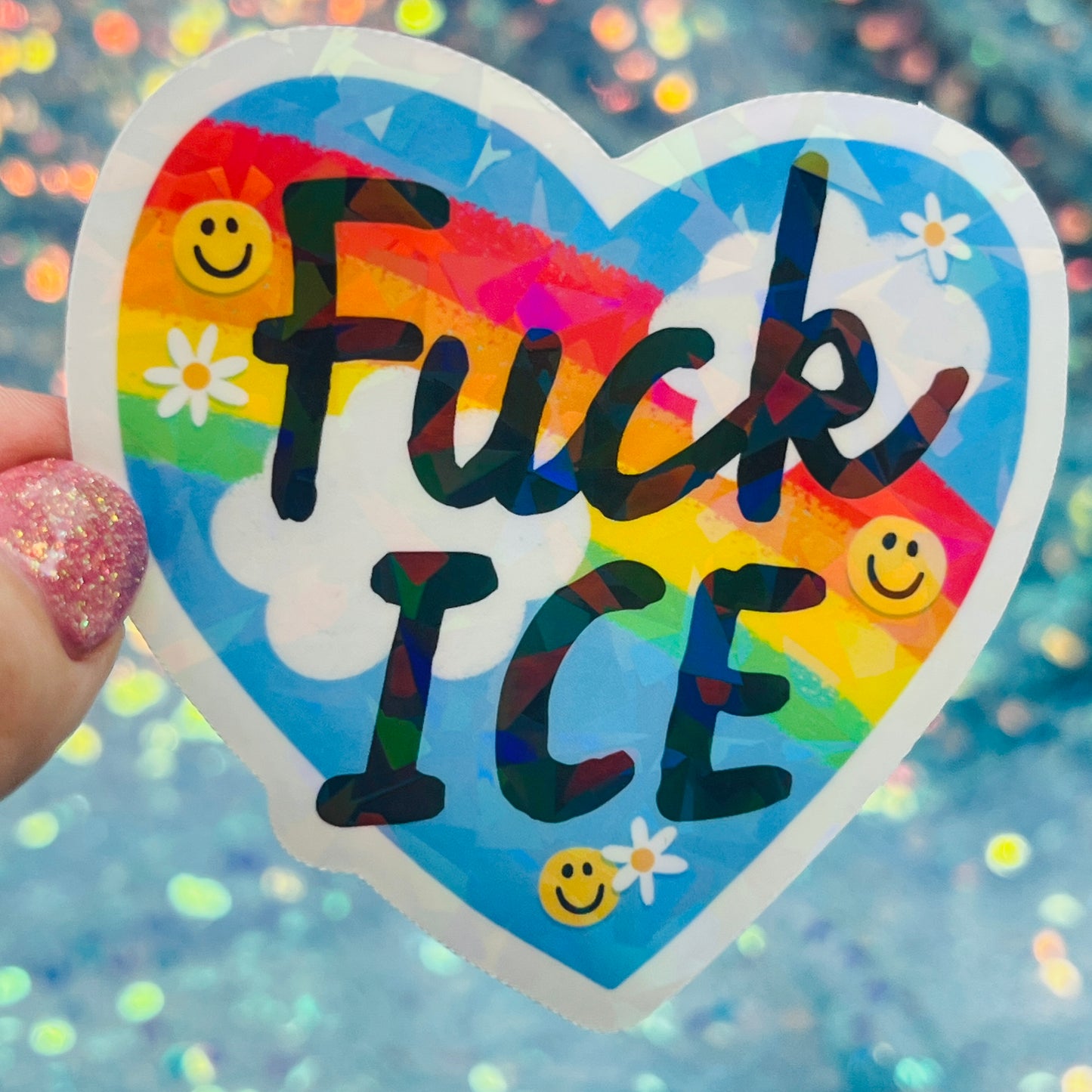 Fuck ICE Rainbow Heart Holographic Activist Sticker