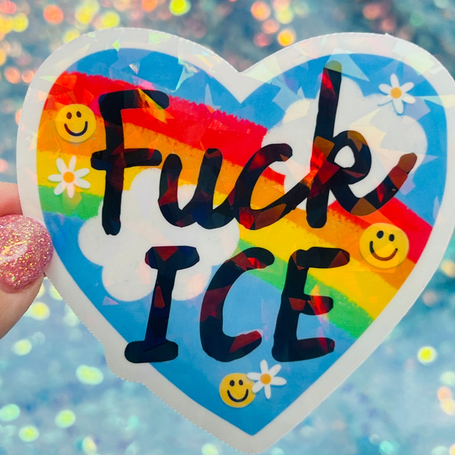 Fuck ICE Rainbow Heart Holographic Activist Sticker
